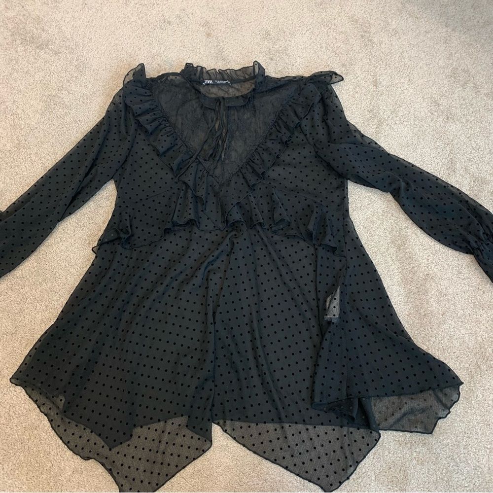 ZARA black mesh polka dot ruffle frill sheer lace long sleeve blouse Sz M - Picture 7 of 13